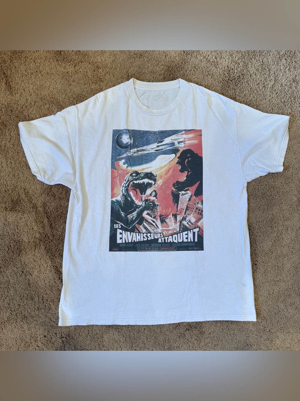 John Galt Brandy Melville Overzied OS Sci‑Fi Monster Print White T‑Shirt